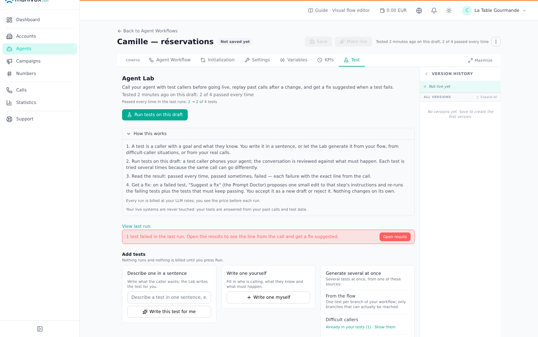 L'onglet Test : Comment ça marche, Ajouter des tests, et la liste des tests avec leur dernier résultat