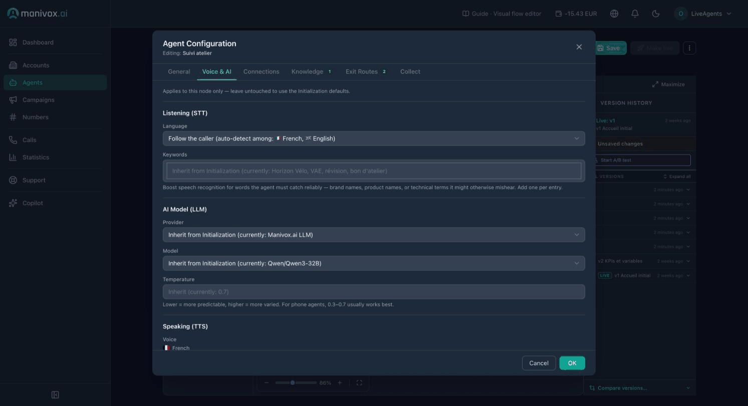 L'onglet Voice & AI d'un nœud Agent sur un agent multilingue : le champ Language sur Follow the caller, et une voix et une vitesse par langue sous Speaking (TTS)