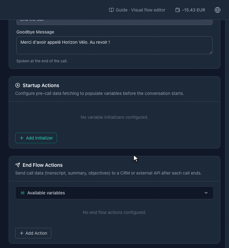 Une action de démarrage HTTP avec une ligne de mapping repairs depuis $.data[*], passée en List of items avec les champs reference, bike.model et status, l'aperçu de ce que lit l'agent et la variable repairs_count