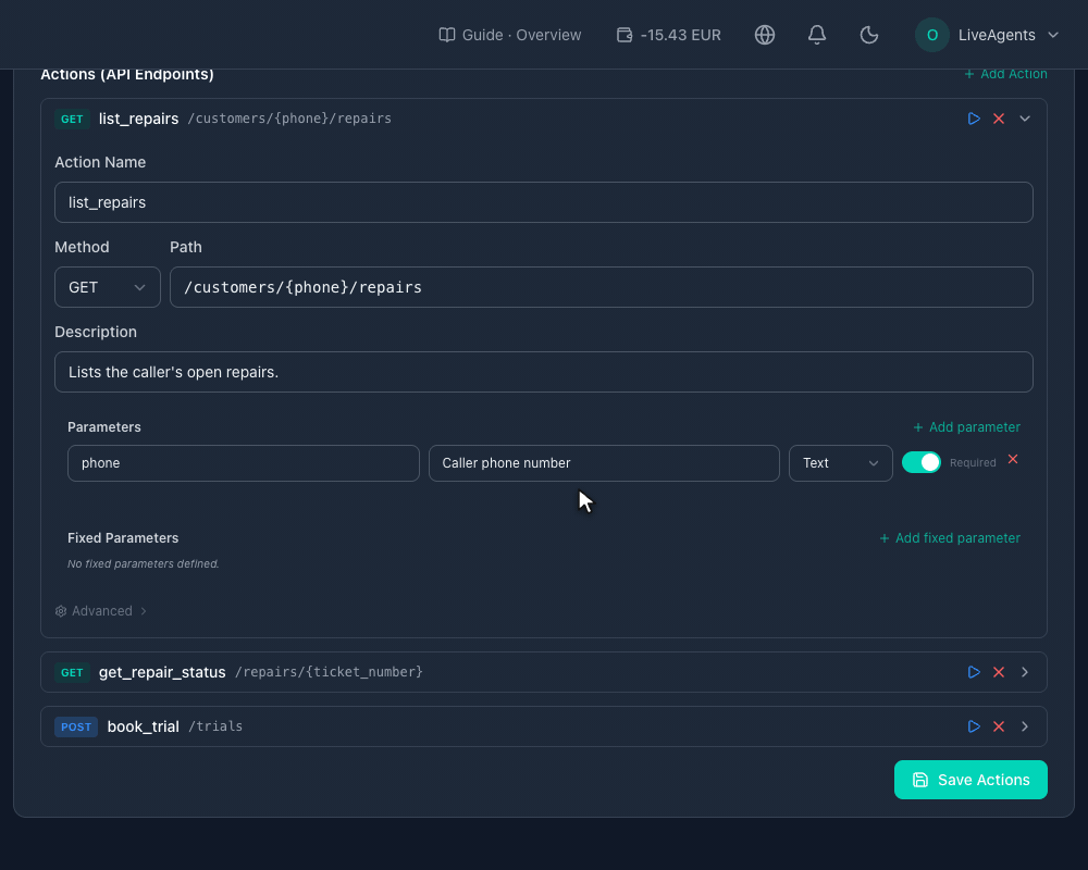 Une action de web service avec Keep full response désactivé et une ligne de mapping passée en List of items, qui garde reference, model et status de chaque élément