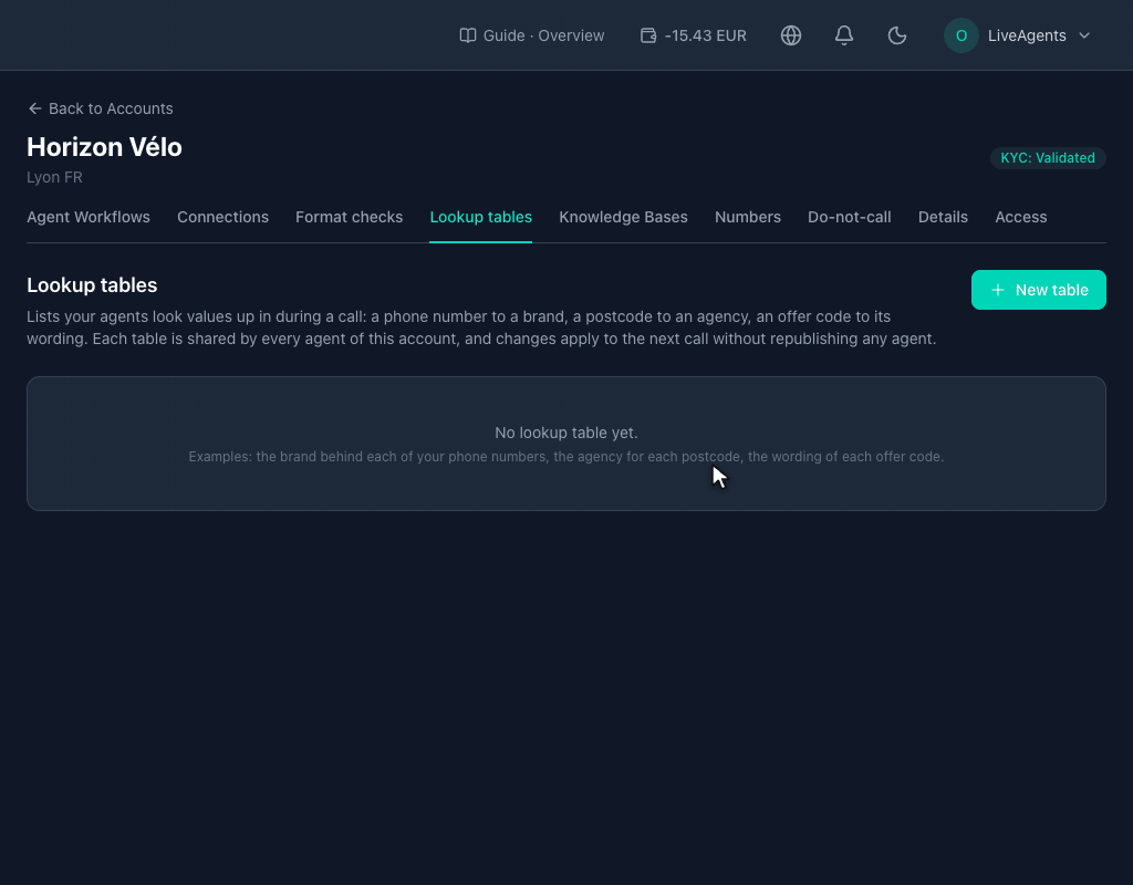 Création d'une table de correspondance : nom Shop numbers, comparaison Phone number, trois lignes collées depuis un tableur, une valeur par défaut, un essai avec Try a value, puis Save
