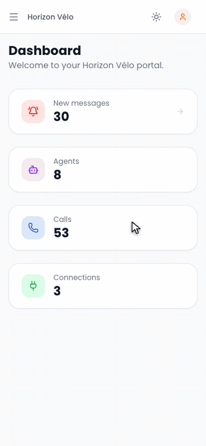 Le portail sur téléphone : le menu s'ouvre depuis le bouton en haut, les messages de Réception s'empilent, un résumé s'affiche en entier, puis la liste des appels