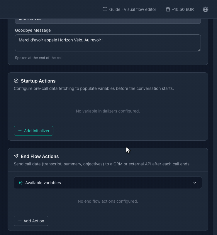 Une action au démarrage de type Web service qui appelle l'action get_repair_status d'une connexion