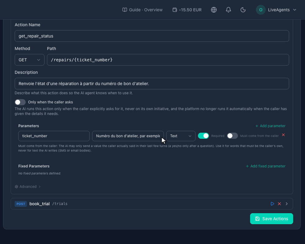 Une action de web service avec Doit venir de l'appelant sur un paramètre et Masquer au modèle sur une ligne de mapping